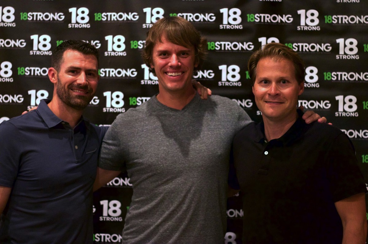 Jeff Pelizzaro, Jaacob Bowden, and Ryan McMullen pose at the 18Strong event ahead of the 2018 PGA Championship